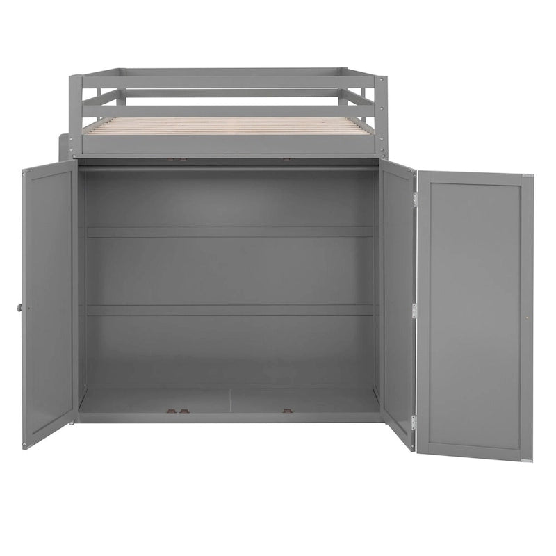 Full Size Wood Loft Bed with Integrated Drawers, Desk, and Wardrobe for Complete Storage Solution