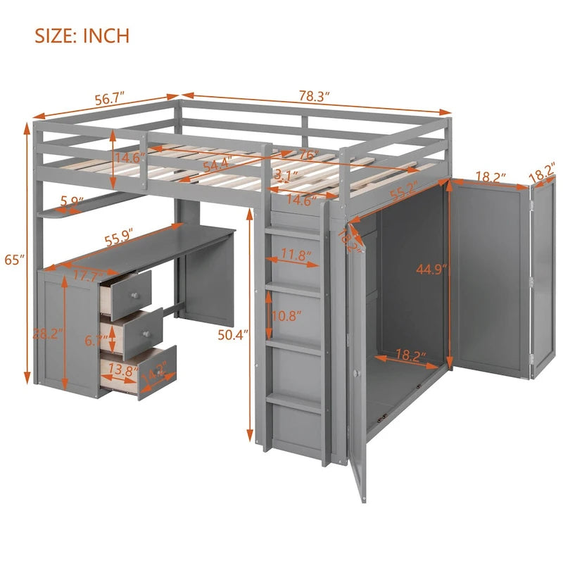 Full Size Wood Loft Bed with Integrated Drawers, Desk, and Wardrobe for Complete Storage Solution
