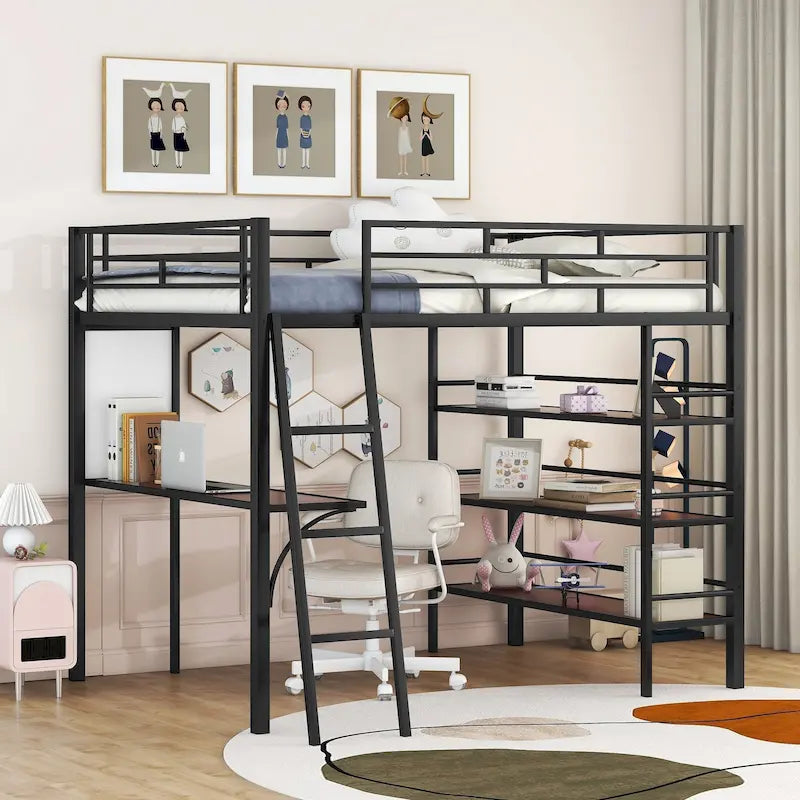 Twin Metal Loft Bed with Integrated Desk