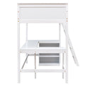 White Twin Size Loft Bed with Desk and Shelves, Full-Length Guardrail, Sturdy Pine Wood Frame