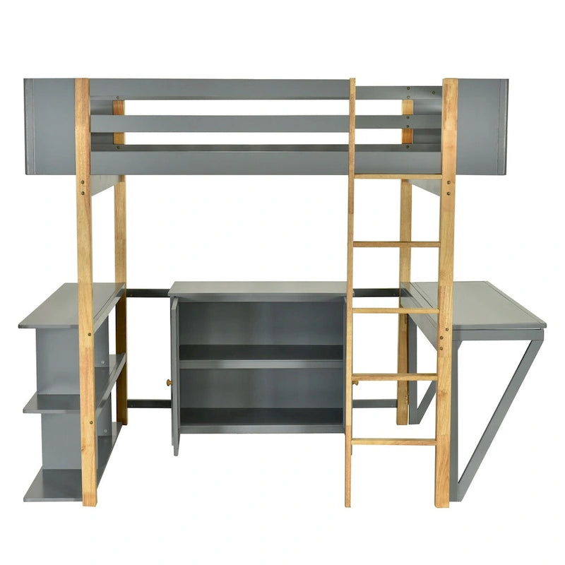 Full Size Wood Loft Bed with Built-in Storage Cabinet, Cubes and Desk