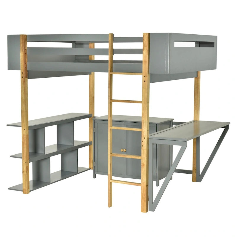 Full Size Wood Loft Bed with Built-in Storage Cabinet, Cubes and Desk