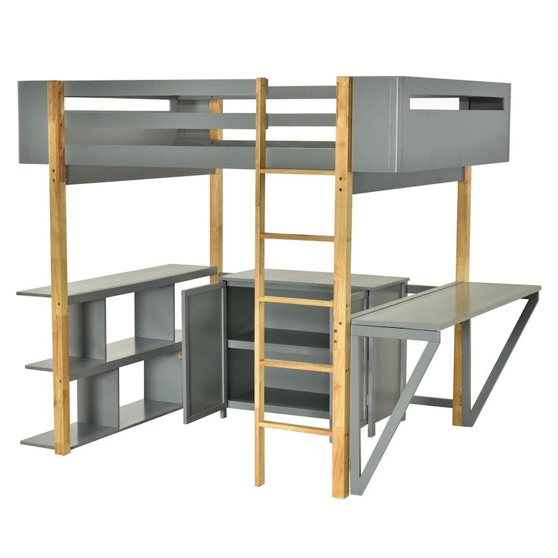 Full Size Wood Loft Bed with Built-in Storage Cabinet, Cubes and Desk