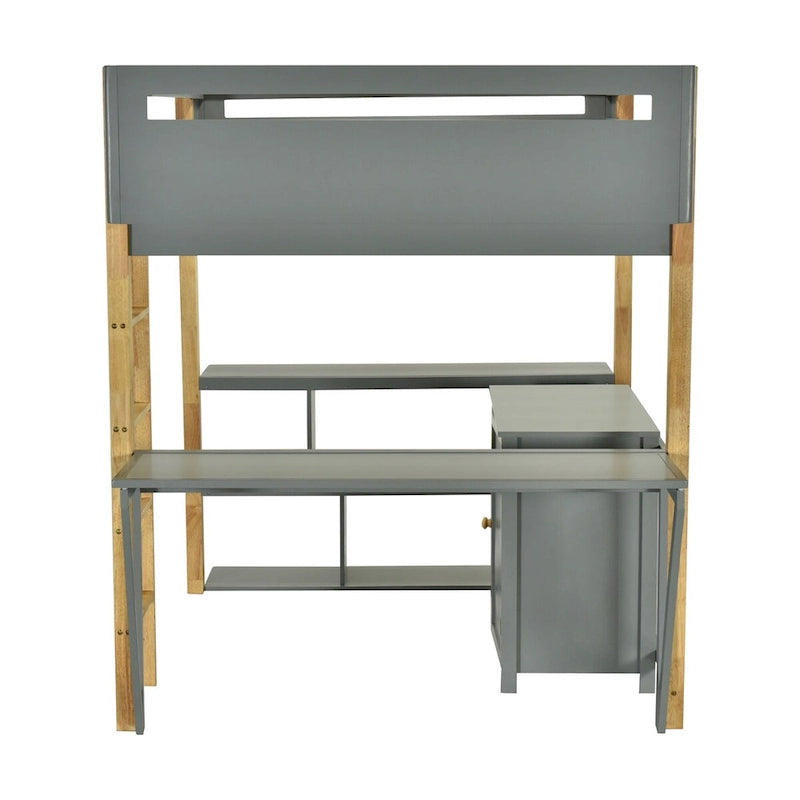 Full Size Wood Loft Bed with Built-in Storage Cabinet, Cubes and Desk