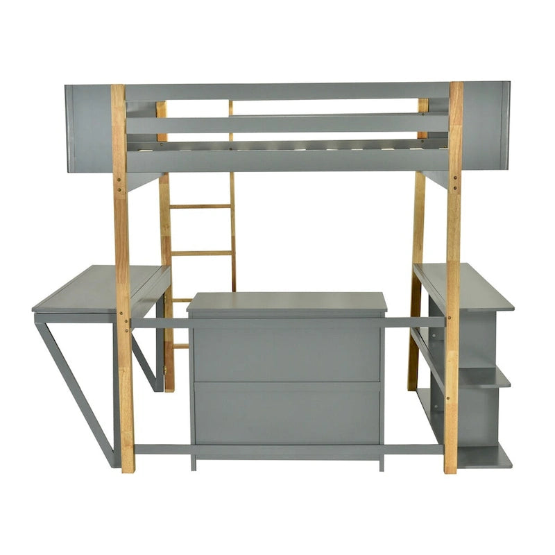 Full Size Wood Loft Bed with Built-in Storage Cabinet, Cubes and Desk