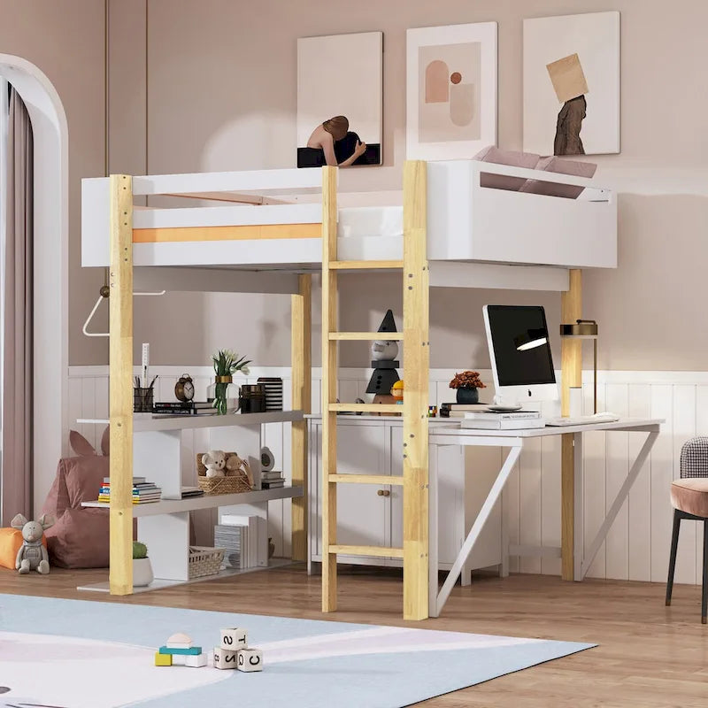 Full Size Wood Loft Bed with Built-in Storage Cabinet, Cubes and Desk