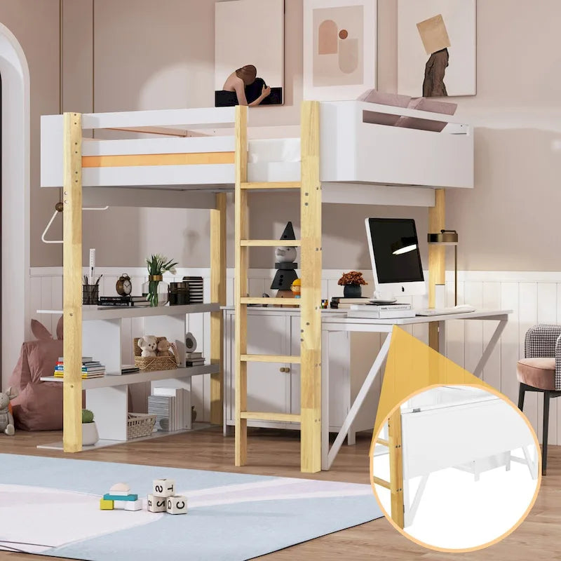 Full Size Wood Loft Bed with Built-in Storage Cabinet, Cubes and Desk
