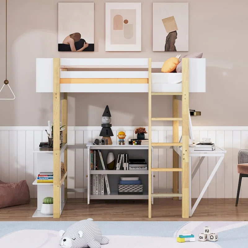 Full Size Wood Loft Bed with Built-in Storage Cabinet, Cubes and Desk