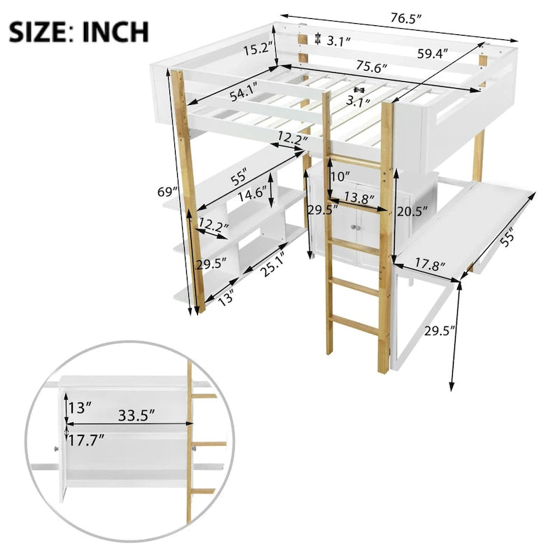 Full Size Wood Loft Bed with Built-in Storage Cabinet, Cubes and Desk