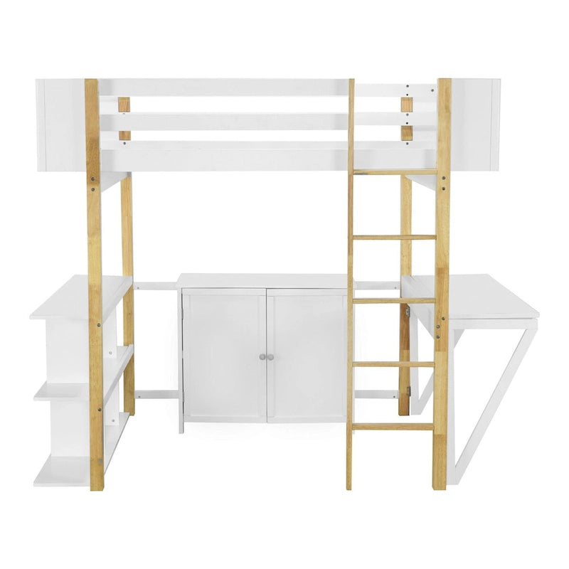 Full Size Wood Loft Bed with Built-in Storage Cabinet, Cubes and Desk