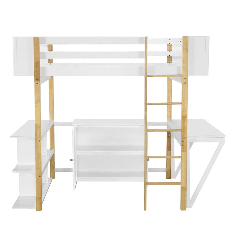 Full Size Wood Loft Bed with Built-in Storage Cabinet, Cubes and Desk