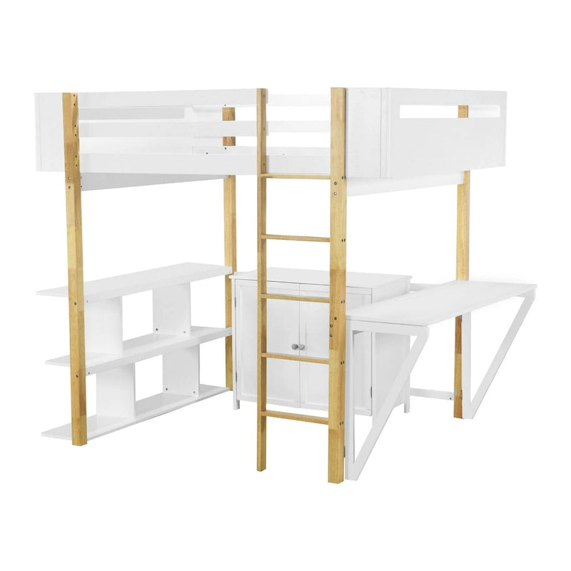 Full Size Wood Loft Bed with Built-in Storage Cabinet, Cubes and Desk