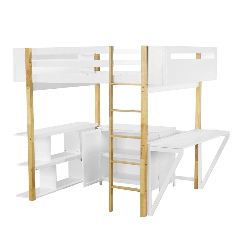 Full Size Wood Loft Bed with Built-in Storage Cabinet, Cubes and Desk
