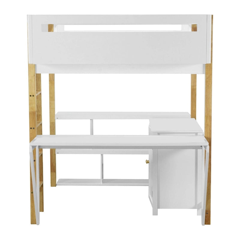 Full Size Wood Loft Bed with Built-in Storage Cabinet, Cubes and Desk
