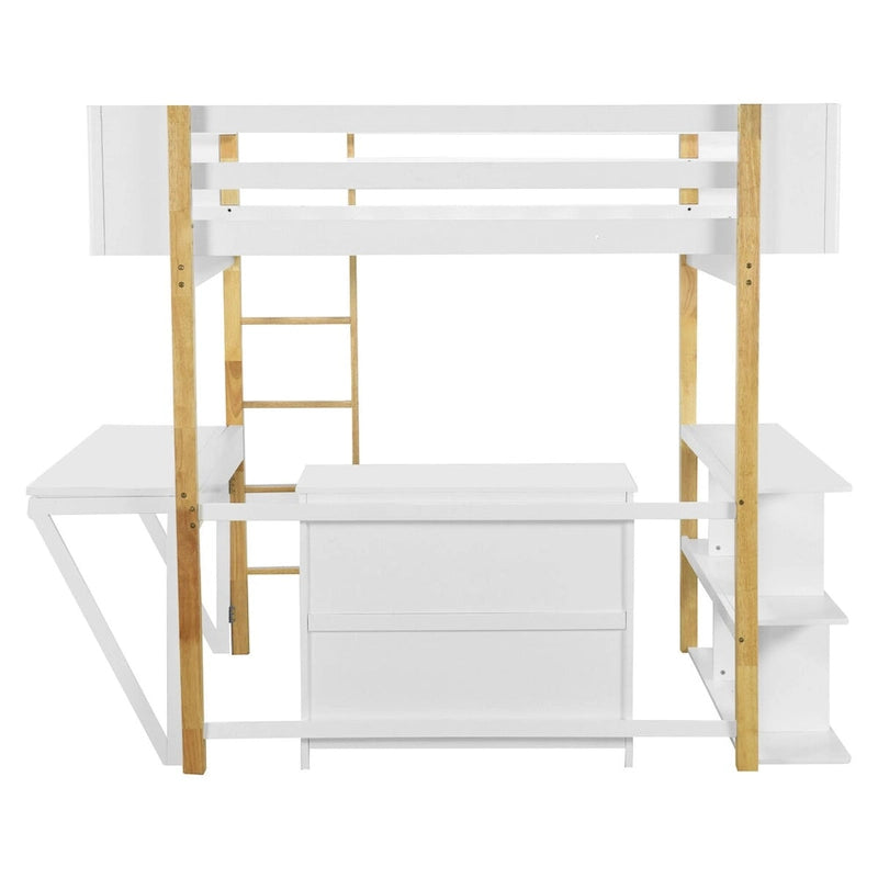 Full Size Wood Loft Bed with Built-in Storage Cabinet, Cubes and Desk