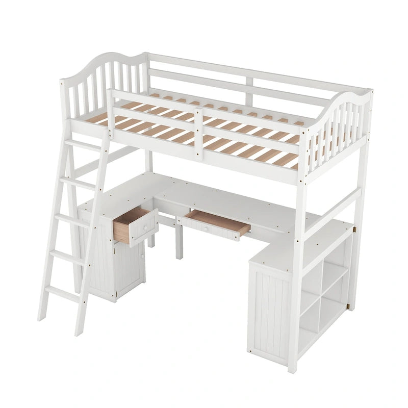 Wooden Loft Bed with Drawers, Cabinet, Shelves and Desk