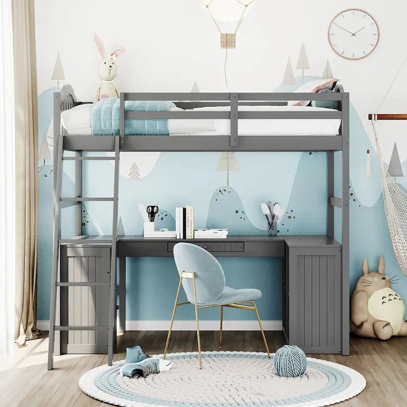 Wooden Loft Bed with Drawers, Cabinet, Shelves and Desk