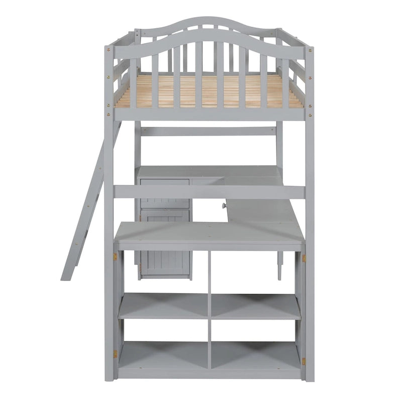 Wooden Loft Bed with Drawers, Cabinet, Shelves and Desk