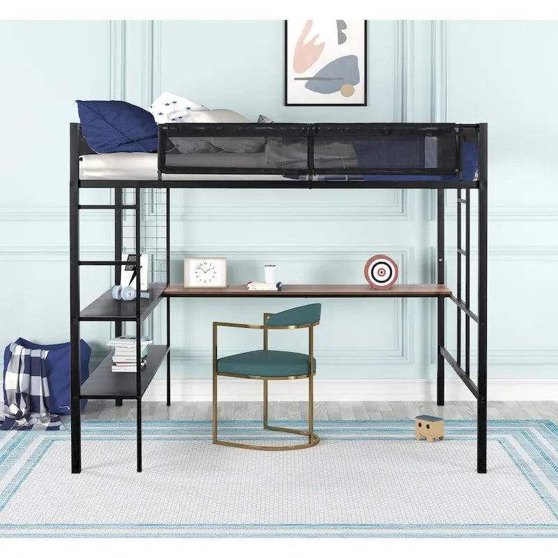 Metal Full Size Loft Bed with Desk and Shelves