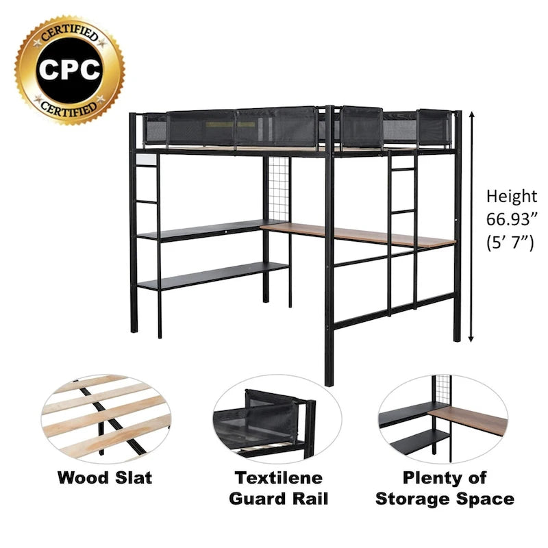 Metal Full Size Loft Bed with Desk and Shelves