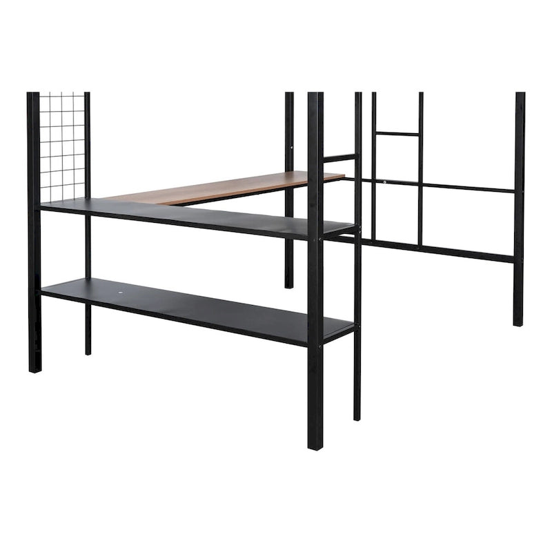 Metal Full Size Loft Bed with Desk and Shelves