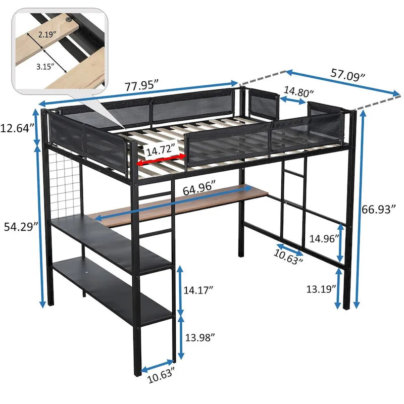 Metal Full Size Loft Bed with Desk and Shelves