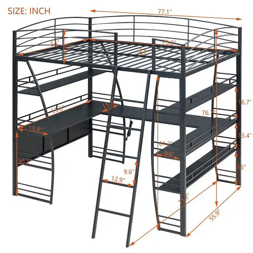 Black Metal Loft Bed with 4 Layers of Shelves, L-Shaped Desk, Sockets, USB Ports, Wireless Charging