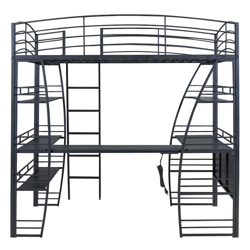 Black Metal Loft Bed with 4 Layers of Shelves, L-Shaped Desk, Sockets, USB Ports, Wireless Charging