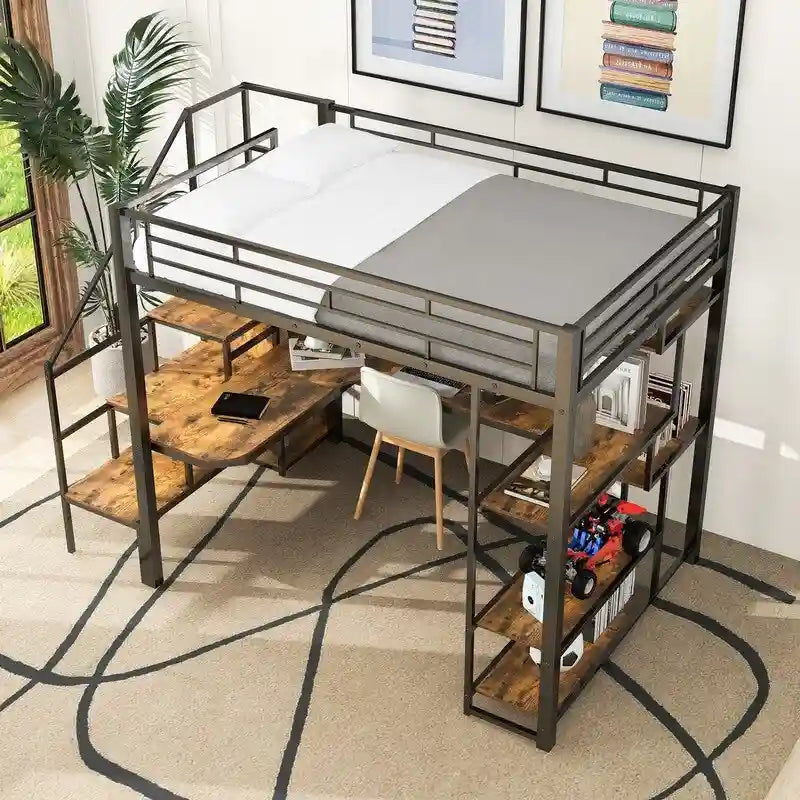 Full Size Metal Loft Bed with Wardrobe, Built-in Desk and Storage Shelves