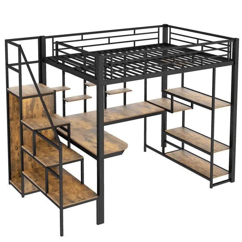 Full Size Metal Loft Bed with Wardrobe, Built-in Desk and Storage Shelves