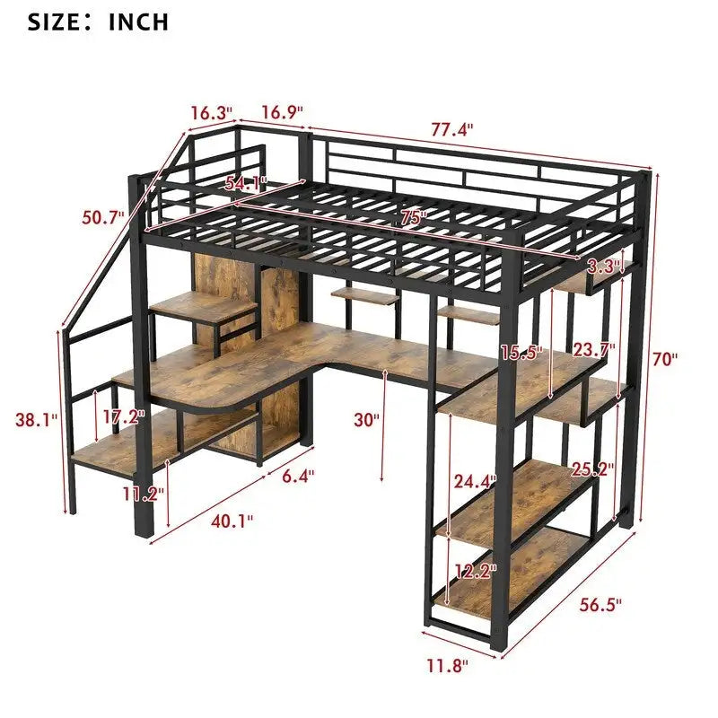 Full Size Metal Loft Bed with Wardrobe, Built-in Desk and Storage Shelves