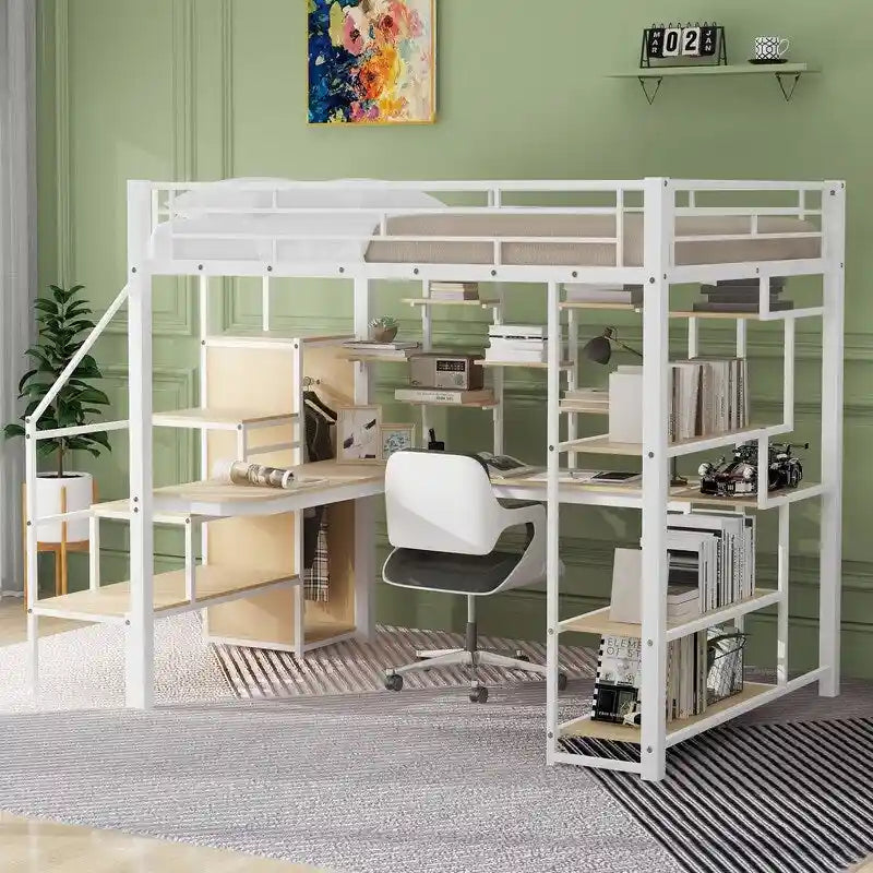 Full Size Metal Loft Bed with Wardrobe, Built-in Desk and Storage Shelves