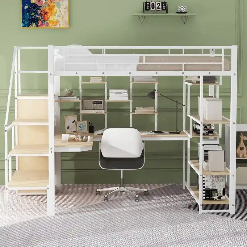 Full Size Metal Loft Bed with Wardrobe, Built-in Desk and Storage Shelves