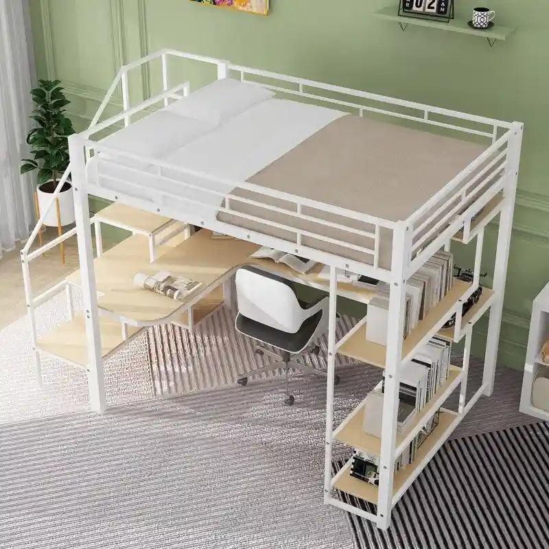 Full Size Metal Loft Bed with Wardrobe, Built-in Desk and Storage Shelves