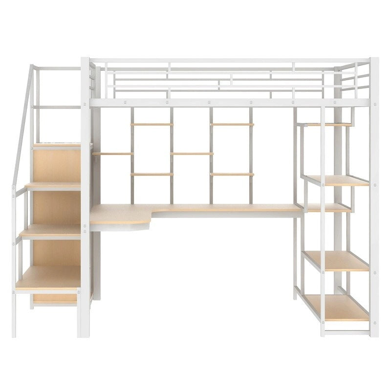 Full Size Metal Loft Bed with Wardrobe, Built-in Desk and Storage Shelves