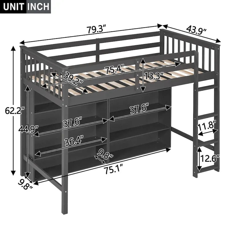 Loft Bed with 8 Storage Shelves and Built-in Ladder