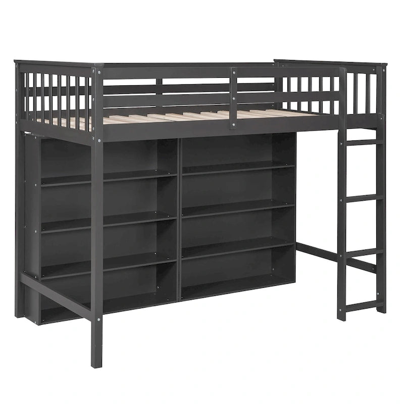 Loft Bed with 8 Storage Shelves and Built-in Ladder