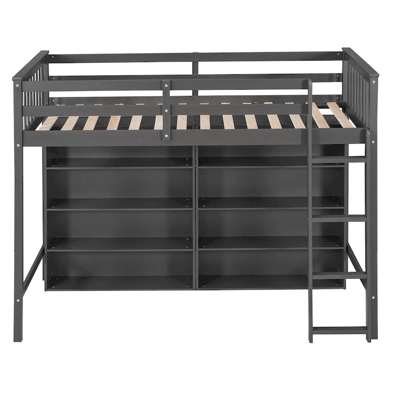 Loft Bed with 8 Storage Shelves and Built-in Ladder