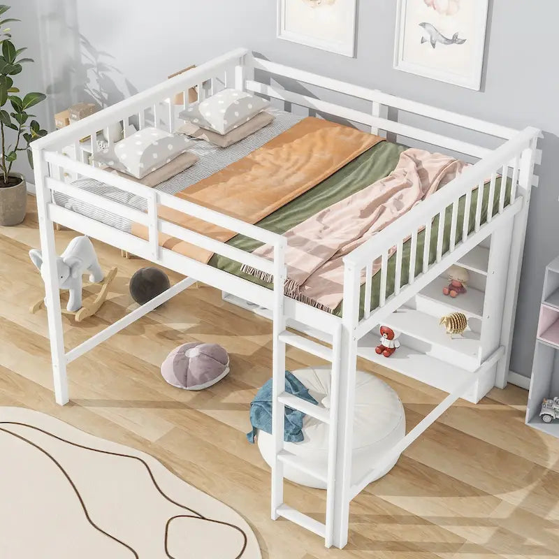 Loft Bed with 8 Storage Shelves and Built-in Ladder