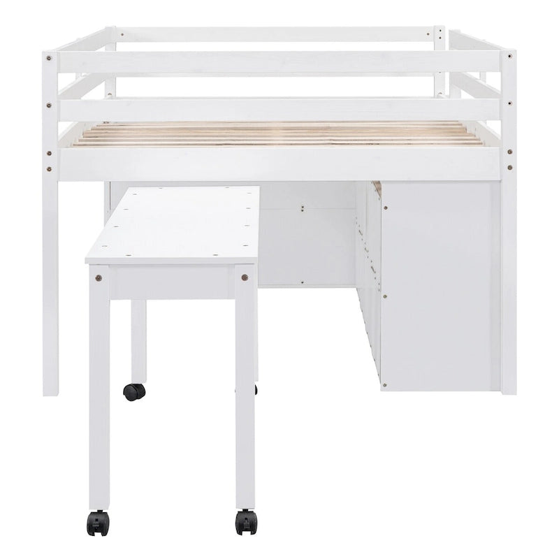Full Size Loft Bed with Retractable Writing Desk and 4 Drawers