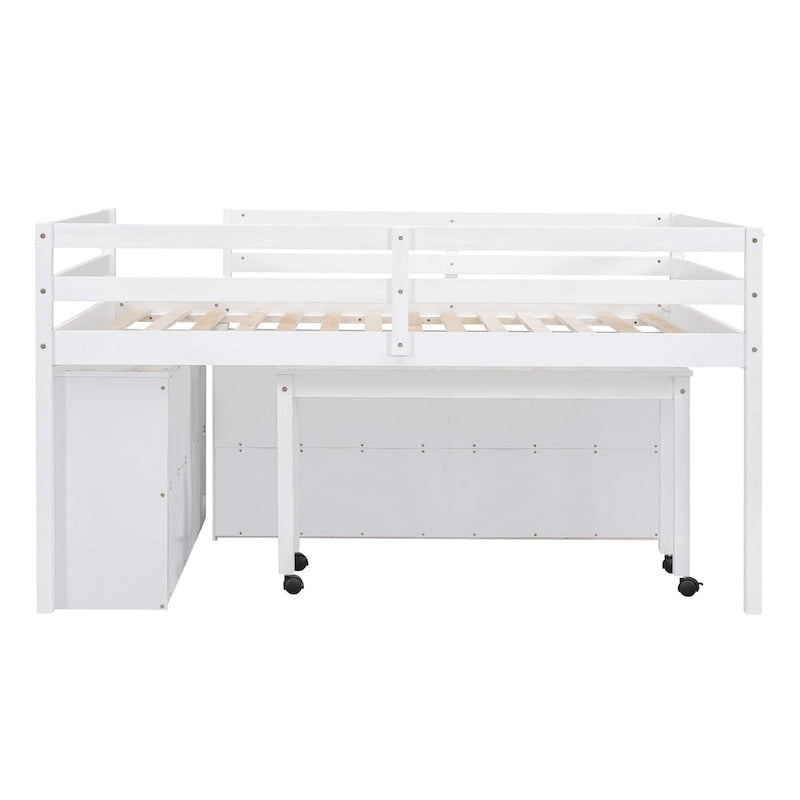 Full Size Loft Bed with Retractable Writing Desk and 4 Drawers