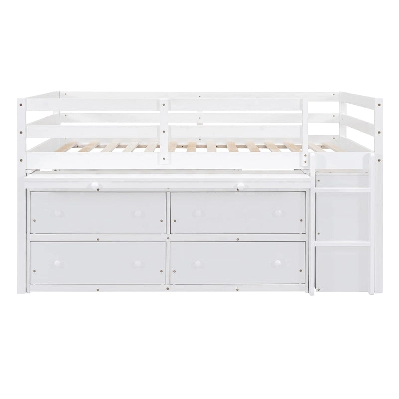 Full Size Loft Bed with Retractable Writing Desk and 4 Drawers