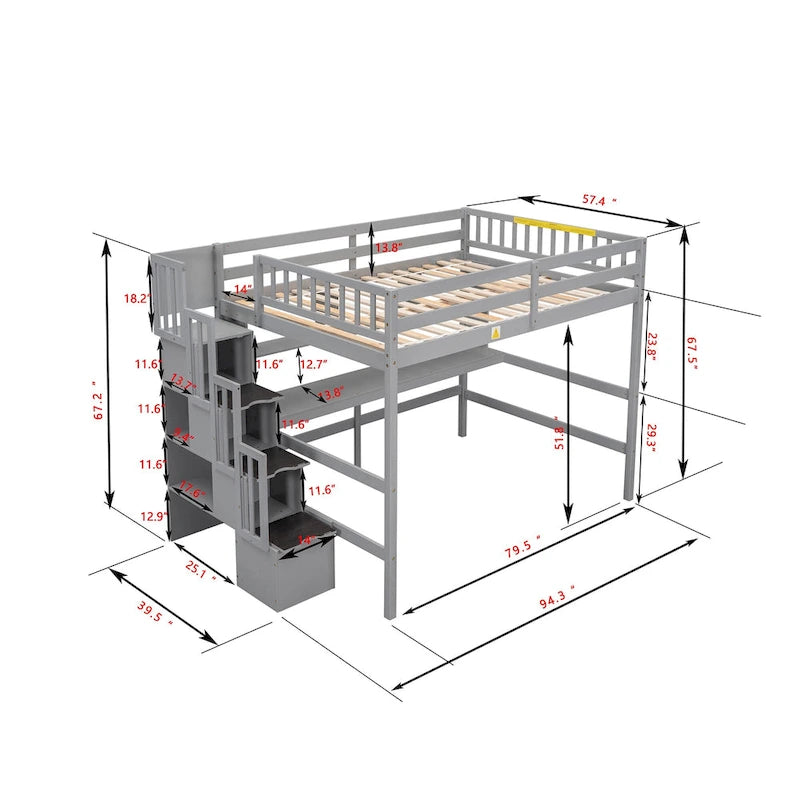 Full Size Loft Bed with Desk and Shelves