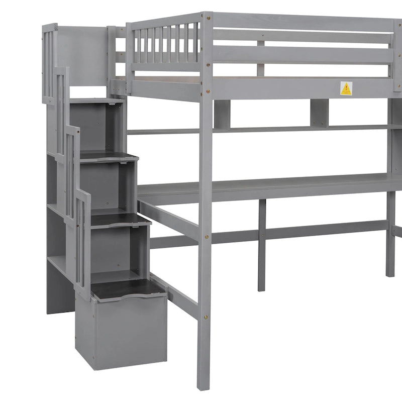 Full Size Loft Bed with Desk and Shelves