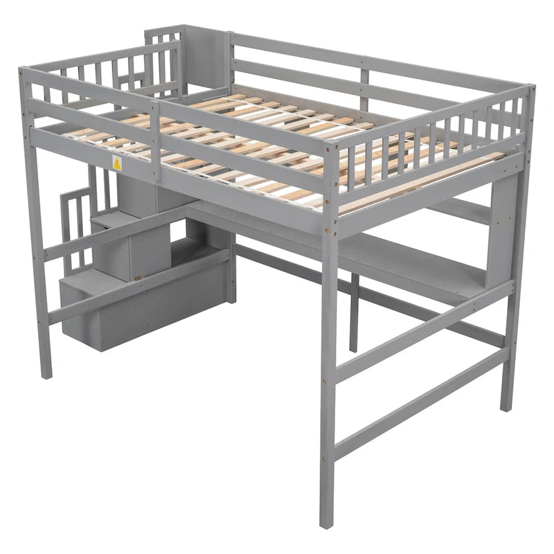 Full Size Loft Bed with Desk and Shelves