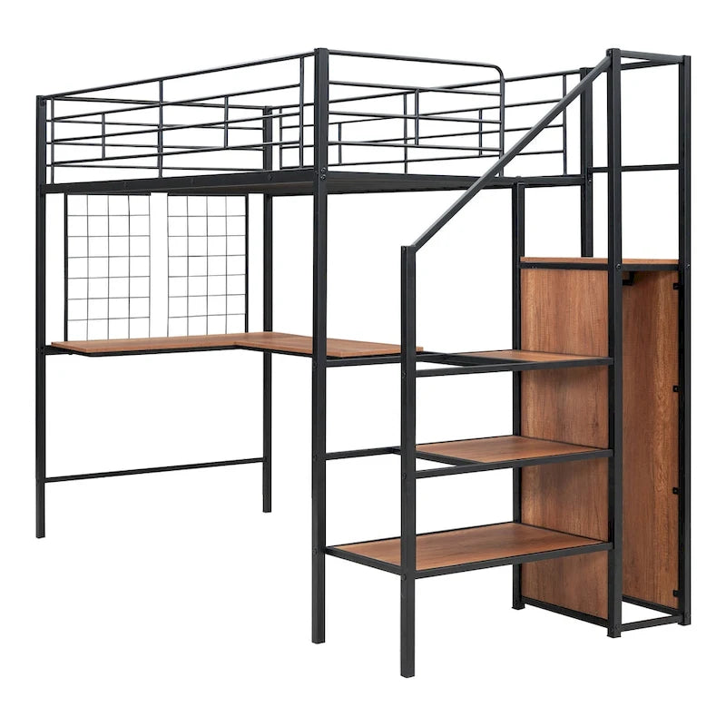 Twin Size Metal Loft Bed with Desk and Metal Grid, Stylish Metal Frame Bed with Lateral Storage Ladder and Wardrobe
