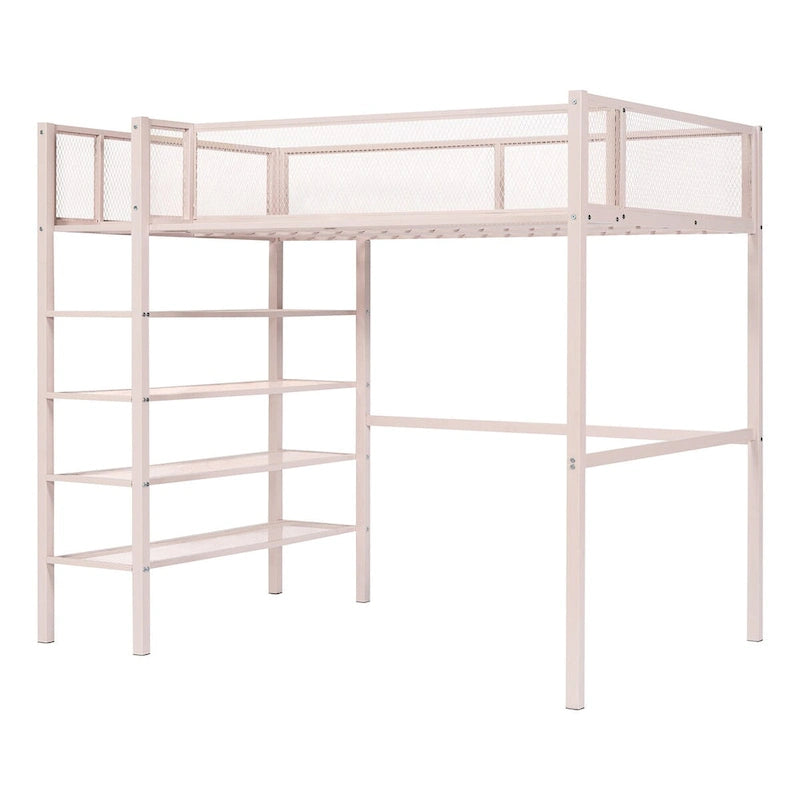 Pink Metal Loft Bed with 4-Tier Shelves, Workstation, and Full-length Guardrail