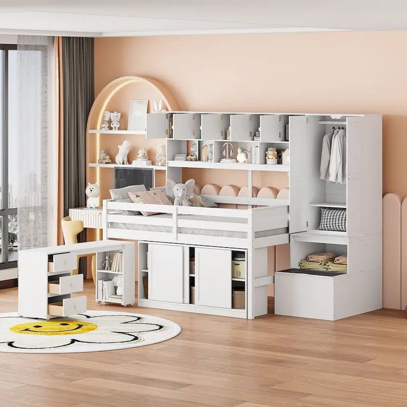 Full Size Wooden Loft Bed Big Storage with Under-bed Desk
