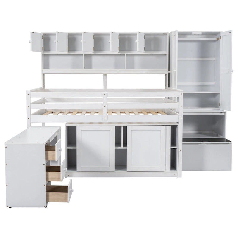 Full Size Wooden Loft Bed Big Storage with Under-bed Desk