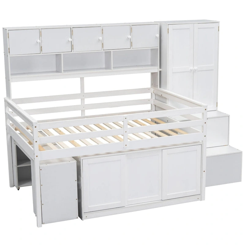 Full Size Wooden Loft Bed Big Storage with Under-bed Desk